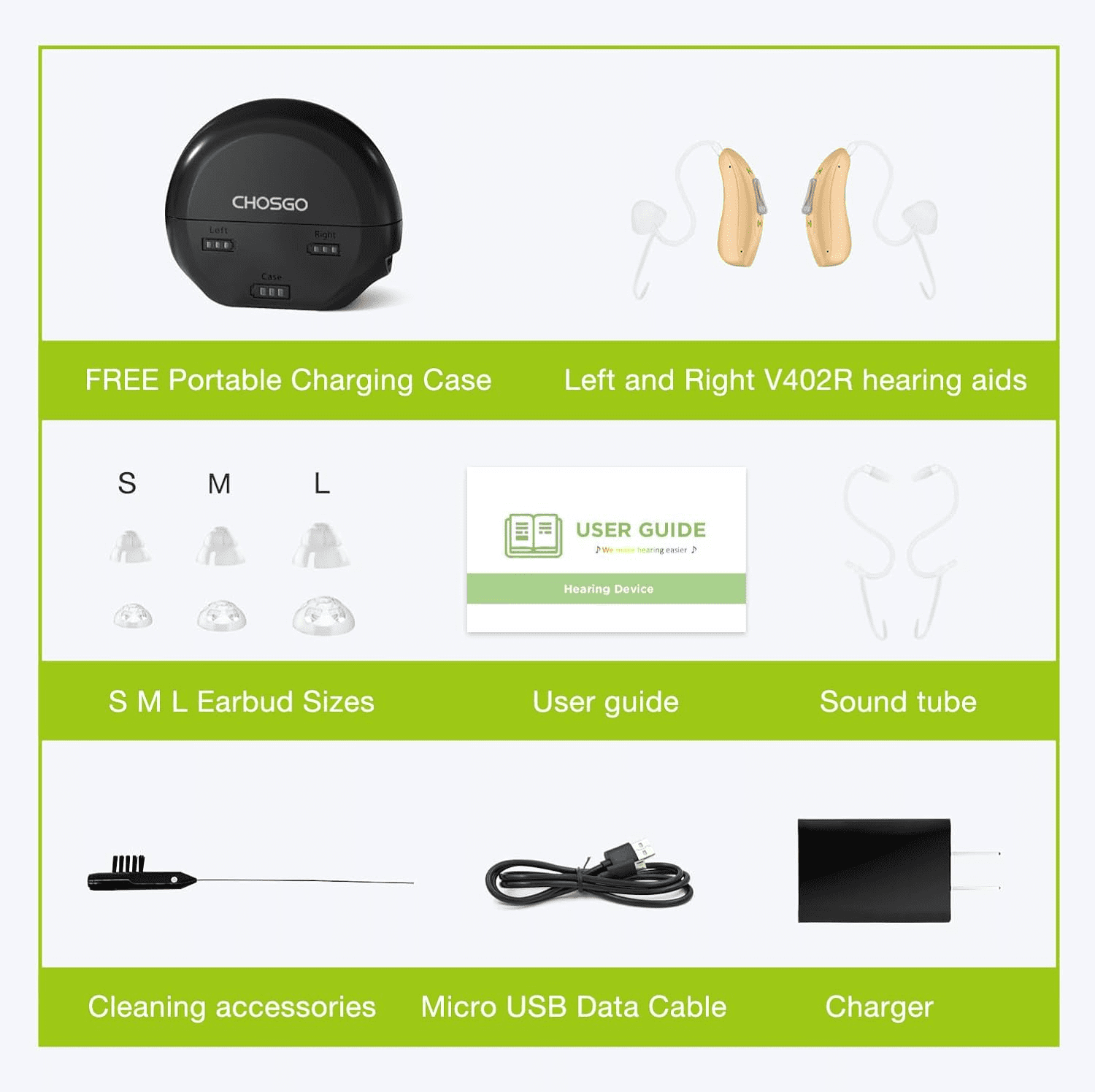 OTC Hearing Aids with Noise Cancel for Seniors, Behind-The-Ear Style, Charging Box, 2 Piece,CHOSGO V402R Beige