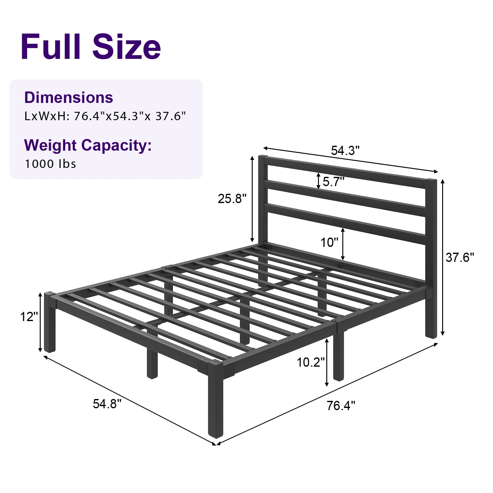 Full Size Metal Bed Frame, Heavy Duty Platform Bed Frame with Headboard, Under Bed Storage, Strong Metal Slats Support, Black