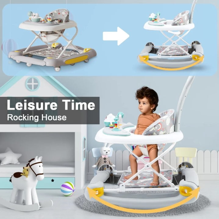 LHUAI 6-in-1 Baby Walker With Wheels, Bouncer, Removable Footrest, Feeding Tray & Music, Foldable & Adjustable Activity Walker For Boys And Girls, Toddler Infant, Grey