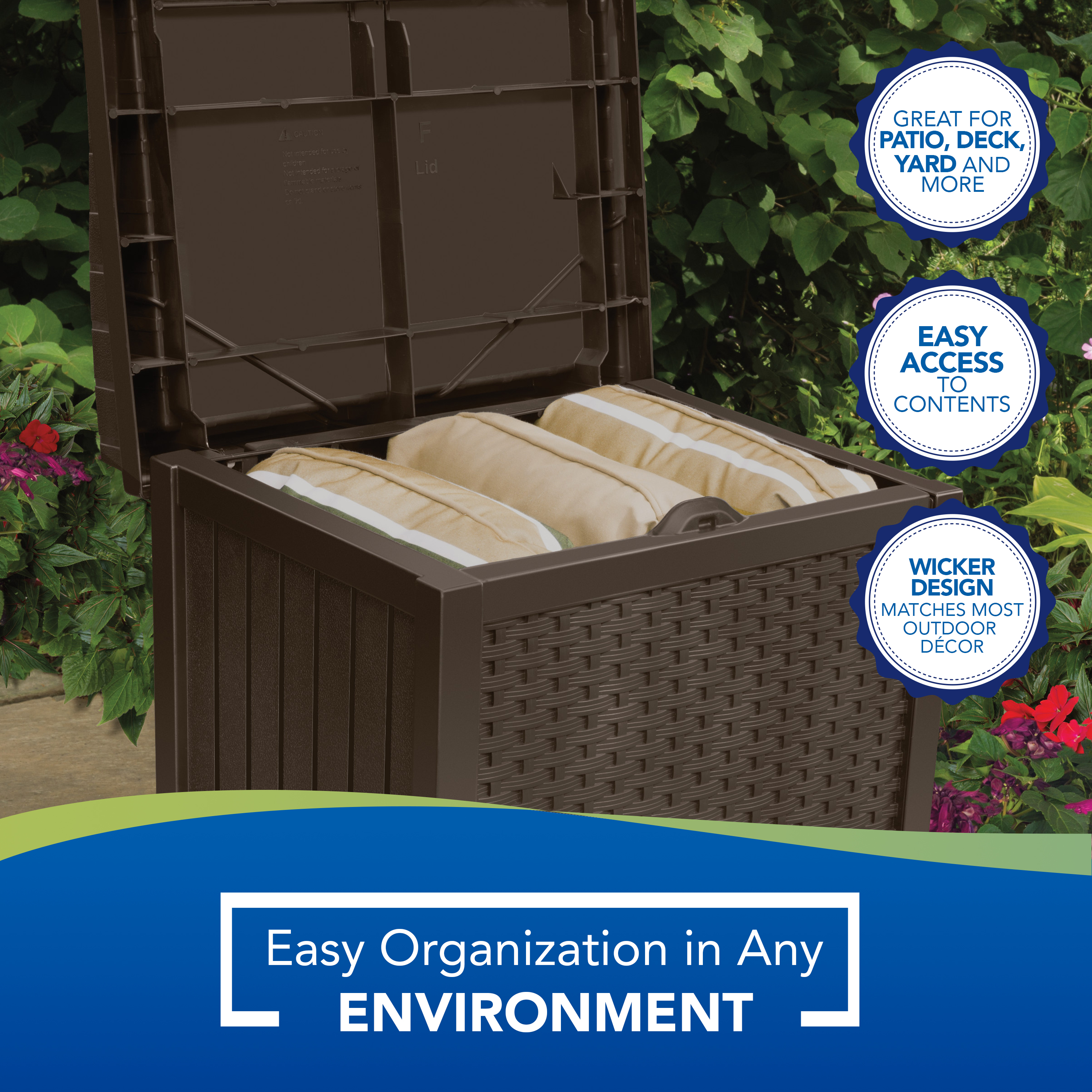 Suncast Outdoor 22 Gallon Resin and Wicker Deck Box with Seat, Java Brown - image 3 of 9