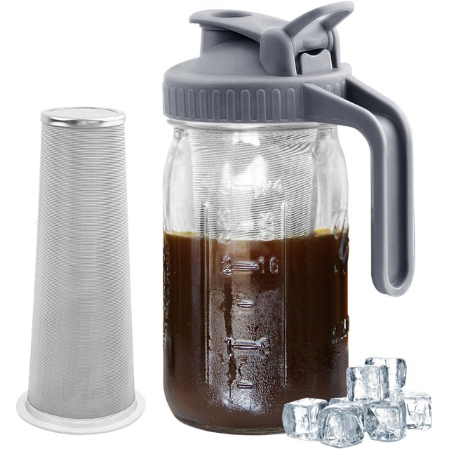 Cold Brew Coffee Maker Pitcher, 32 oz Thick Glass Mason Jar Spout Lid ...