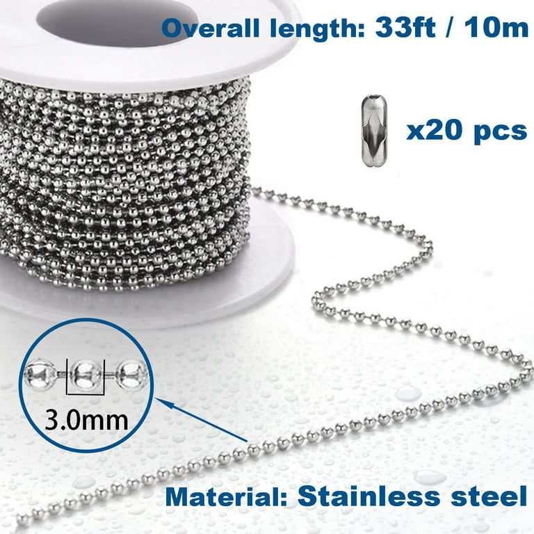 33ft Stainless Steel Ball Chain 3mm Bead Dog Tag Chain Beaded