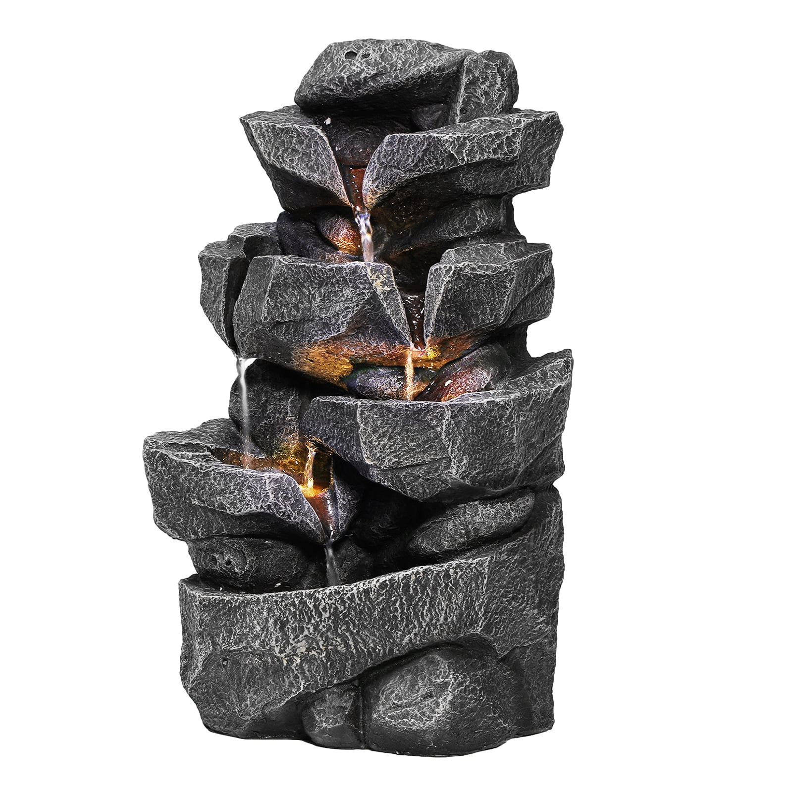 DJZ 5-Tiers Cascading Rock Water Fountain Outdoor Water Fountain Outside Patio Water Features Fountain with LED Light and Pump,Garden Waterfall Decor