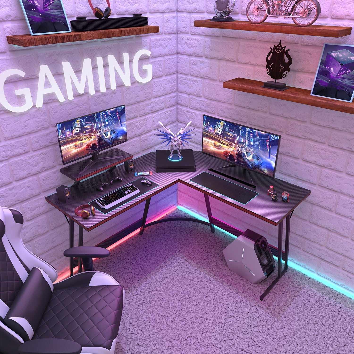 Lacoo 51.2“ Gaming Desk L-shaped Carbon Fiber Surface Gaming Corner Desk Table, Black