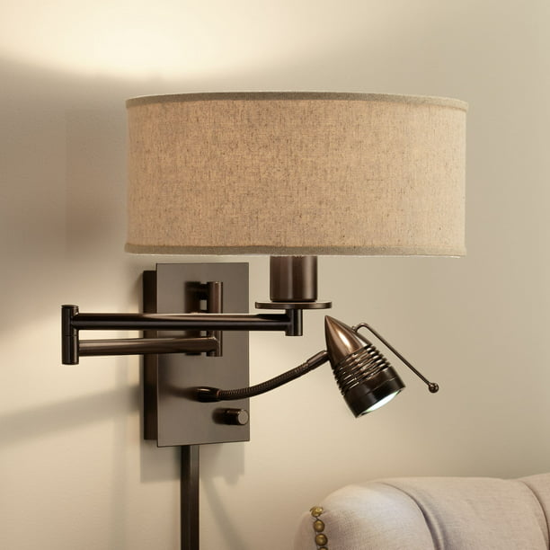 Possini Euro Design Modern Swing Arm Wall Lamp LED Bronze Plug-In Light  Fixture Oatmeal Fabric Drum Shade Bedroom Bedside Reading