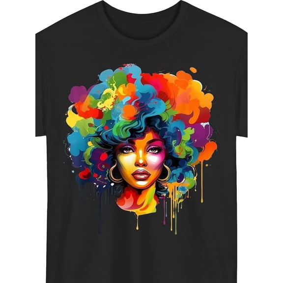 Women's Afro Art Graphic T-Shirt, Colorful Natural Hair Portrait Tee, Melanin Beauty Graphic Crew Neck Short Sleeve Cotton Shirt, Casual Fashion Gift for Women