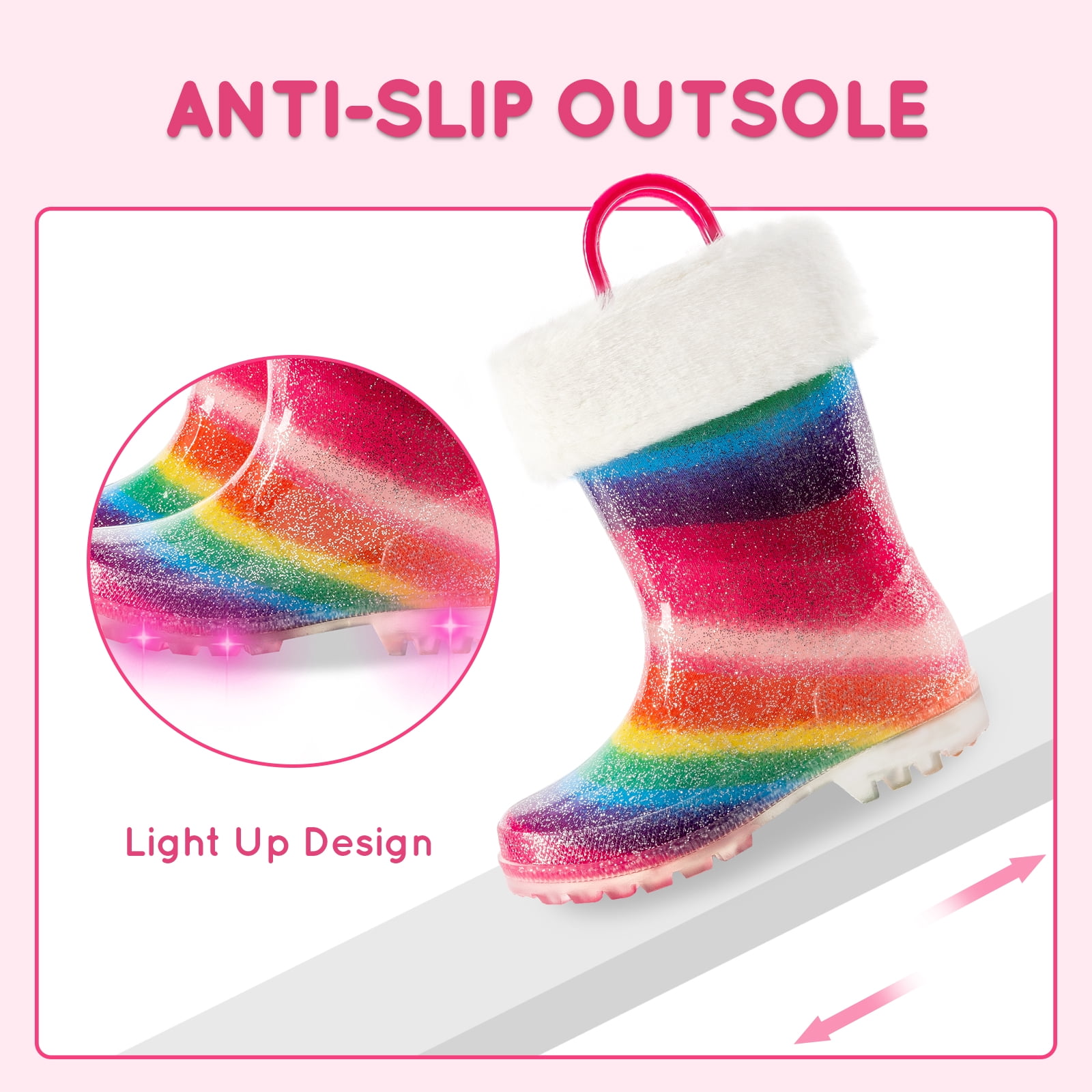 Kids Toddler Light up Rain Boots for Girls Winter Warm Glitter Boots with Removable Lining, Rainbow, Size 2