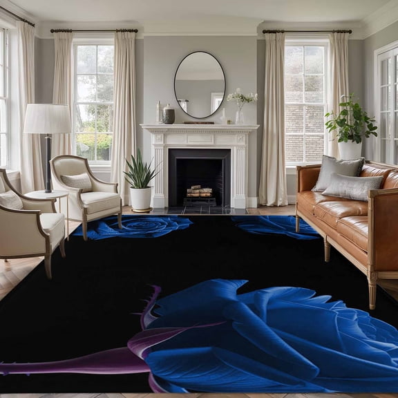 Area Rug for Living Room, Blue Rose Non-Slip Indoor Ex Large Carpet for Bedroom/Dining Room, Vintage Abstract Garden Flower Floral Black Washable Low-Profile Rectangle Floor Runner Rugs - 8 x 10 Ft
