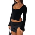 thumbnail image 2 of Blotona Flare Long Sleeve Slim Basic T-Shirts for Women Simple Style Casual Solid Color Sweetheart Neck Ruched Slim Hem Crop Tops Base Tees, 2 of 4