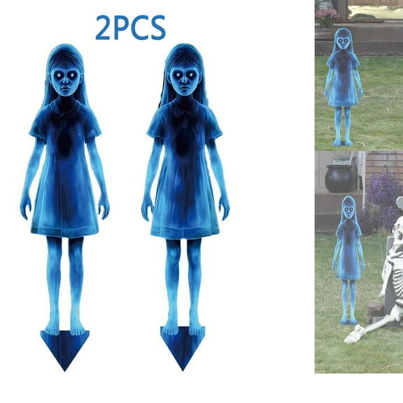 Spooky Twin Ghost Yard Stakes,Ghost Girl Garden Stake, Metal Blue Ghost Stake for Halloween Decorations, House Prop for Garden Yard Lawn Porch Scary Outdoor