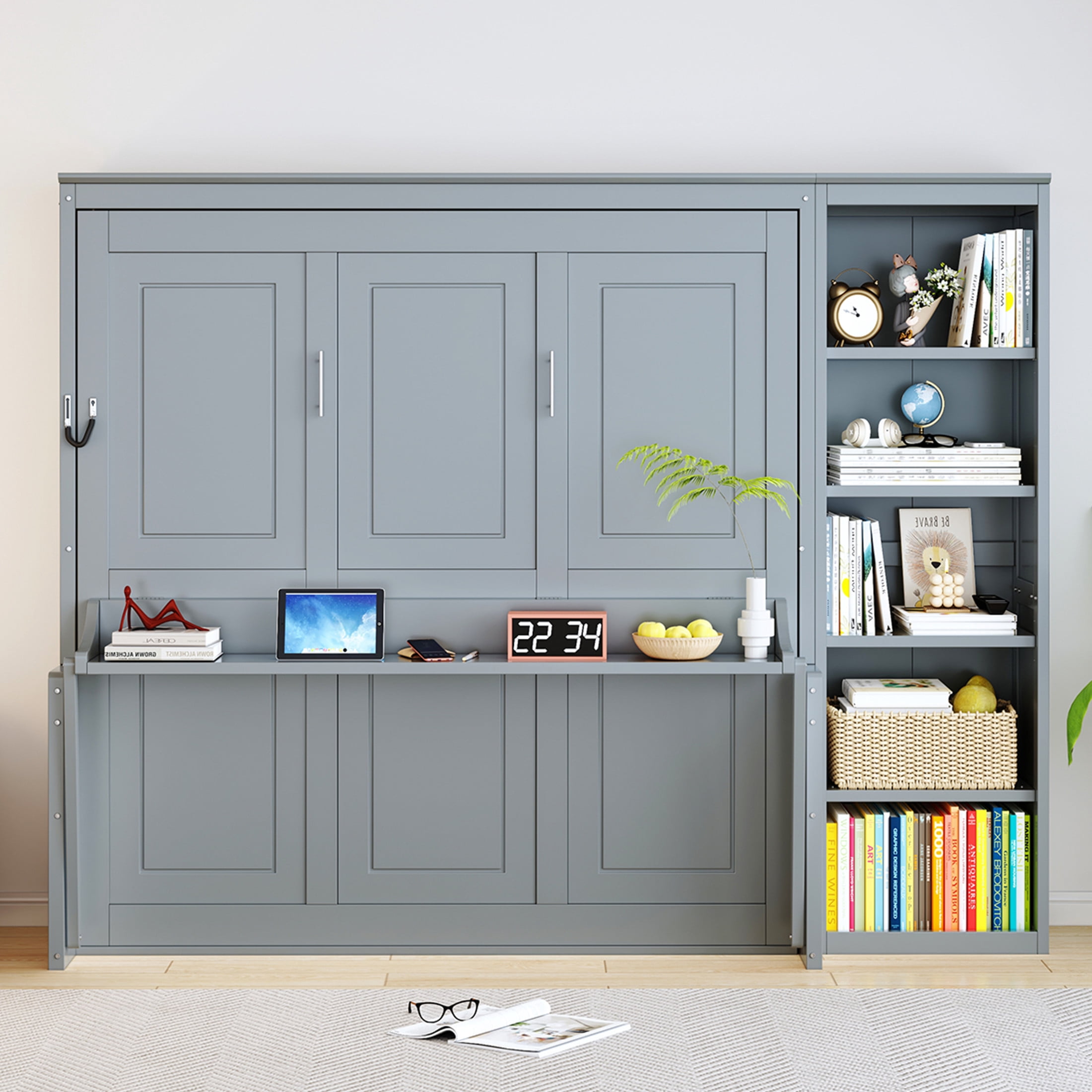 Noble House Zovaro Queen Murphy Bed with Built-in Desk and Integrated Side Bookshelf, Space-Saving Wall Bed, Gray