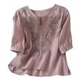 thumbnail image 2 of 3/4 Sleeve Cotton Linen Shirts for Women 2026 Summer Retro Embroidered Boho Tops Dressy Casual Trendy Vacation Blouse Summer Casual Tops Loose Fit Purple M, 2 of 5