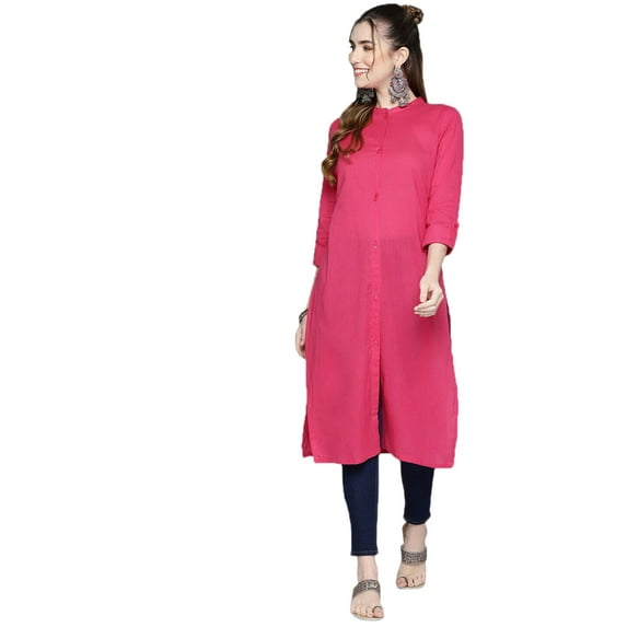 eloria Women's Pink Pure Cotton Solid Kurta Three-Quarter Sleeves Straight Kurta