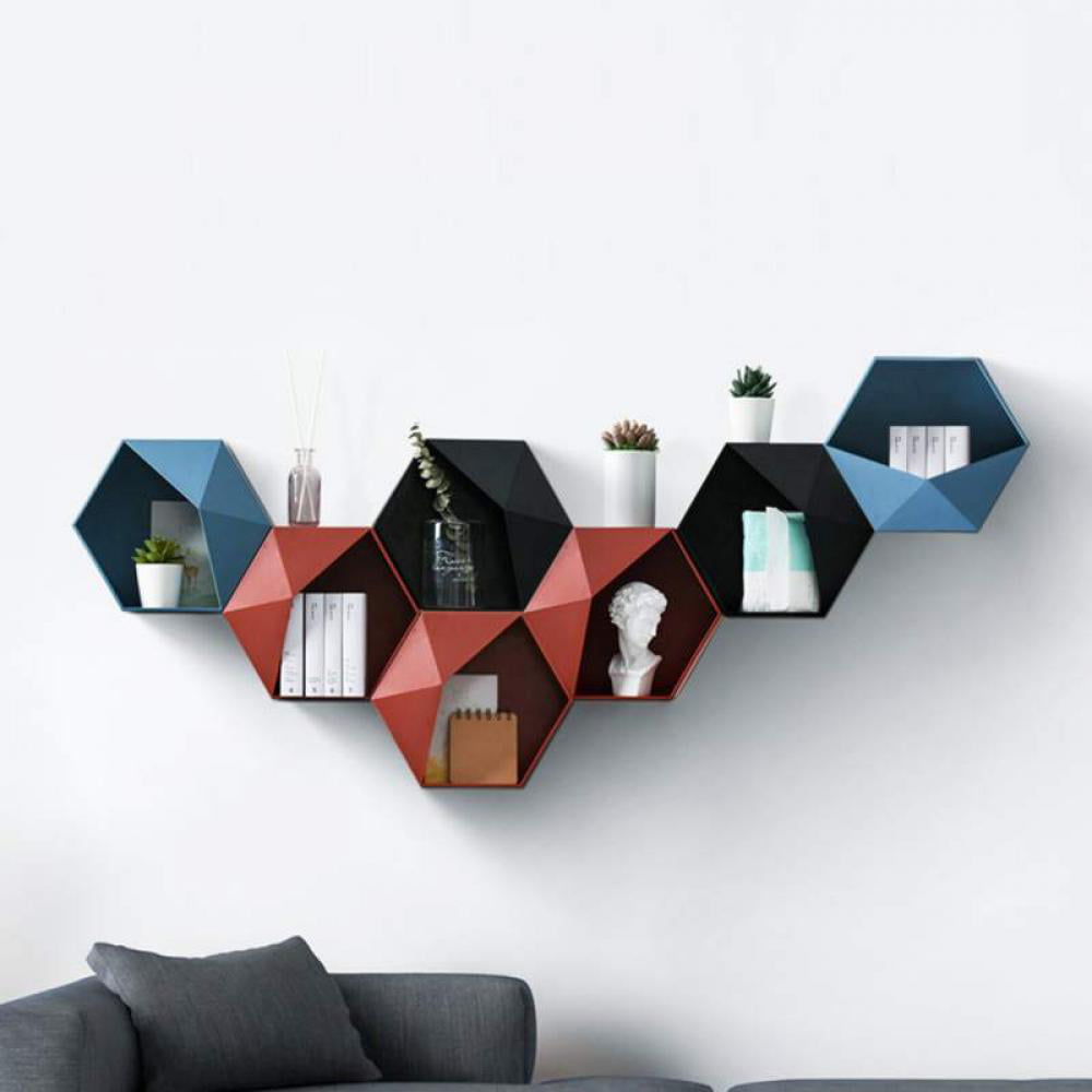 Geometric Hexagon Wall Shelf Storage Holder Wood Rack Shelves Background Decor 