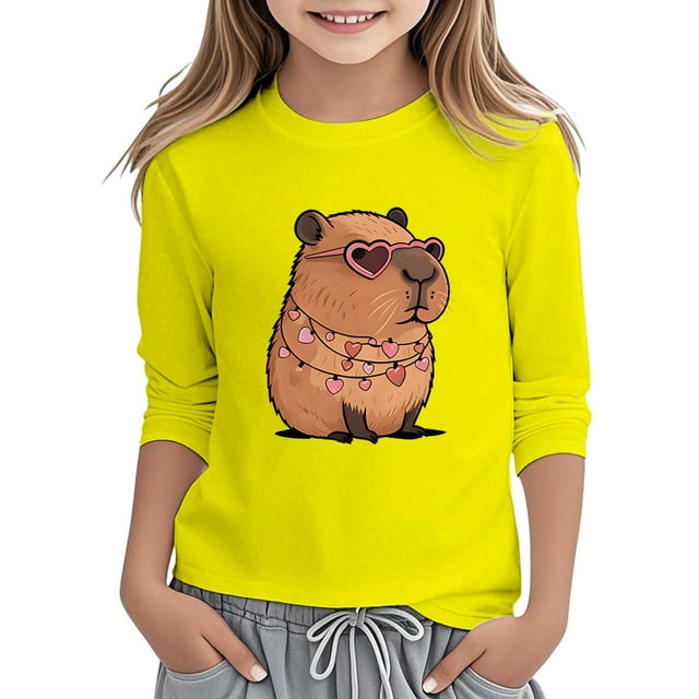 HUANBAI Hauts Décontractés à Manches Longues pour Filles Imprimé Capybara Col Rond T-Shirts pour Usage Quotidien Activités Extérieures Confortables Tissu Doux 3-12 Ans T-Shirts Basiques Doux 5-6 Ans