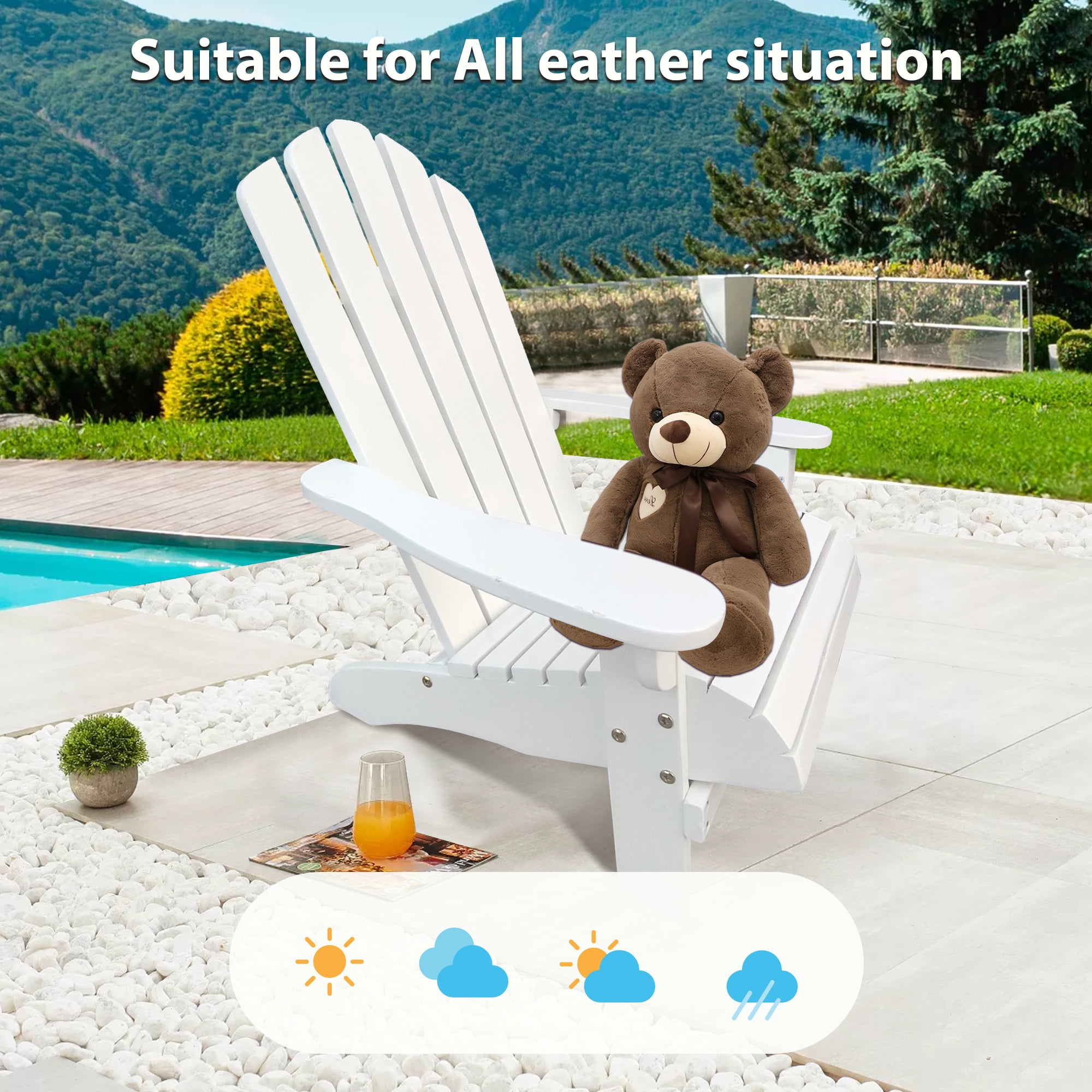 JONPONY Children Outsunny Wooden Adirondack Chair, Ergonomic Design Patio Lawn Chair for Outside Deck Garden Backyard Balcony,White