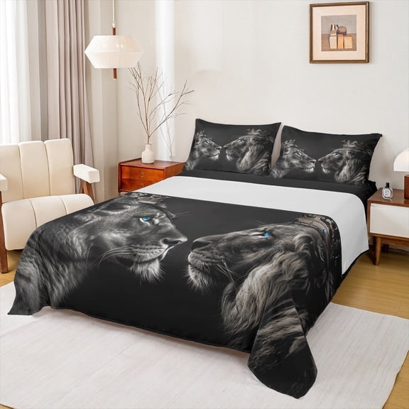 Manfei Couple Lion Bed Sheets Set Twin Size, 3D Animals Bed Sheets Twin, Romantic Valentines Day Bedding Twin Size, Super Cozy Room Decoration, 3 Pieces