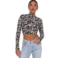thumbnail image 1 of ITFABS Femmes à Manches Longues Crop Tops, T-shirt Licol Imprimé, Blouse Midriff Baring, 1 of 9