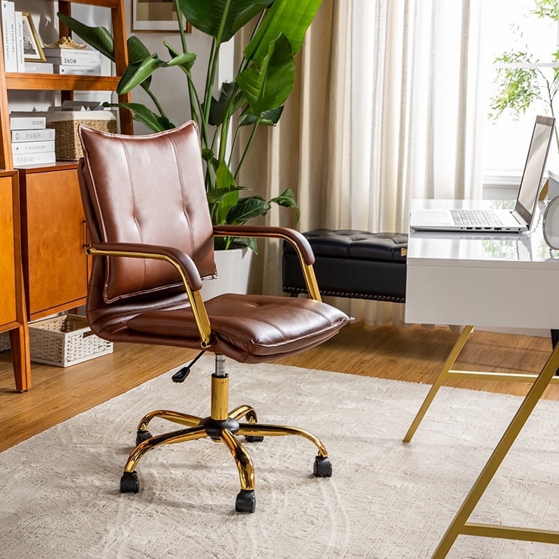 Faux Leather Office Chair Adjustable Swivel Desk Chair with Golden Legs and Arms Upholstered, Brown