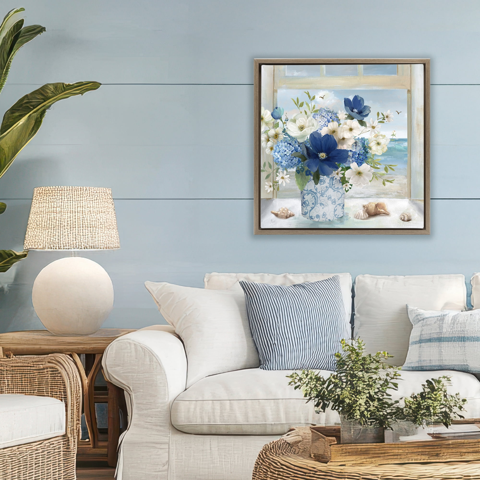 Stupell Industries Seaside Blue & White Arrangement Brown Framed Floater Canvas Wall Art, design by Nan