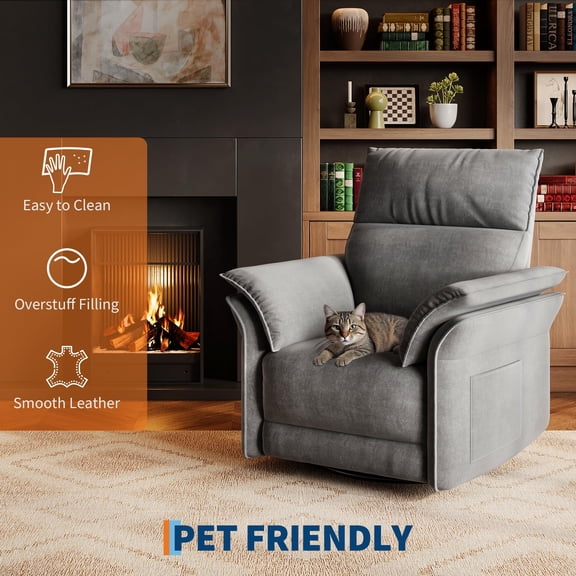 Power Recliner Swivel Glider Chair – Modern Single Lounge Seat, PU Faux Leather Upholstery, 270° Swivel Rocker, USB Charging Port, Curved Double-Layer Armrests, Padded Backrest