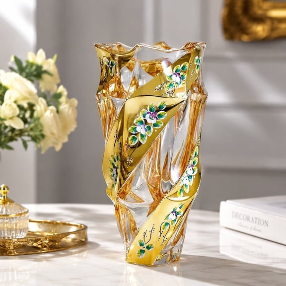 Luxury Golden Enamel Glass Vase, European Style Crystal Flower Vase for Home Decor Lovers, Elegant Centerpiece for Wedding Table Decorations, Floral Arrangements, Housewarming Gift