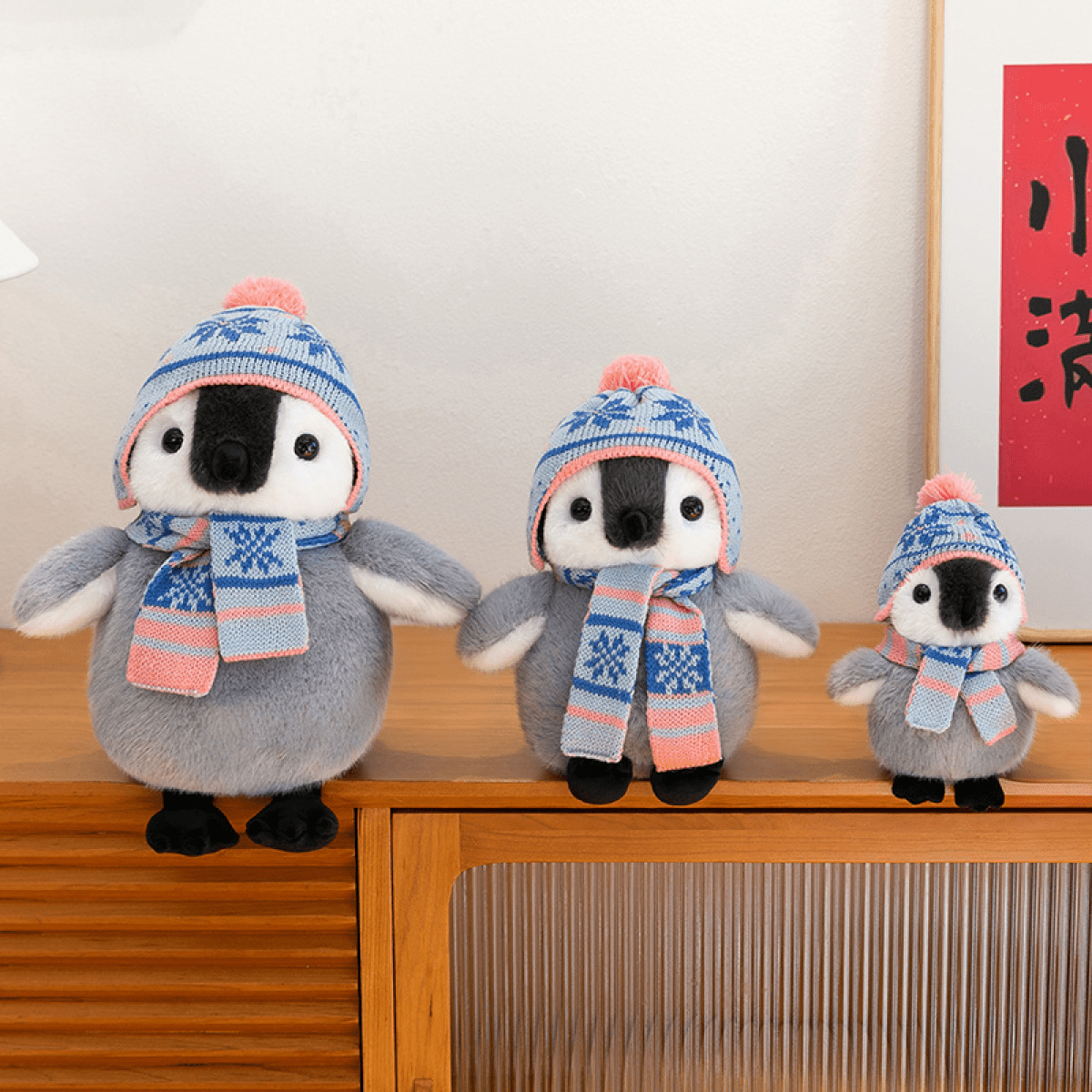 Penguin Stuffed Animal with Knit Hat Scarf for Adults Women, Weighted Sitting Soft Cuddly Plush Toy Gifts for Birthday Holiday Winter Valentine-9.06''