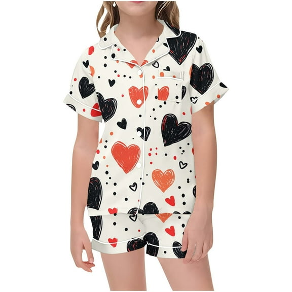 Odeerbi 2-12 Years Toddler Boys Girls Summer Valentines Day Satin Pajamas Notched Lapel Short Sleeve Loungewear Shorts Set Sleepwear Love Print Pajama Sets Toddler Boys Girls Clothes