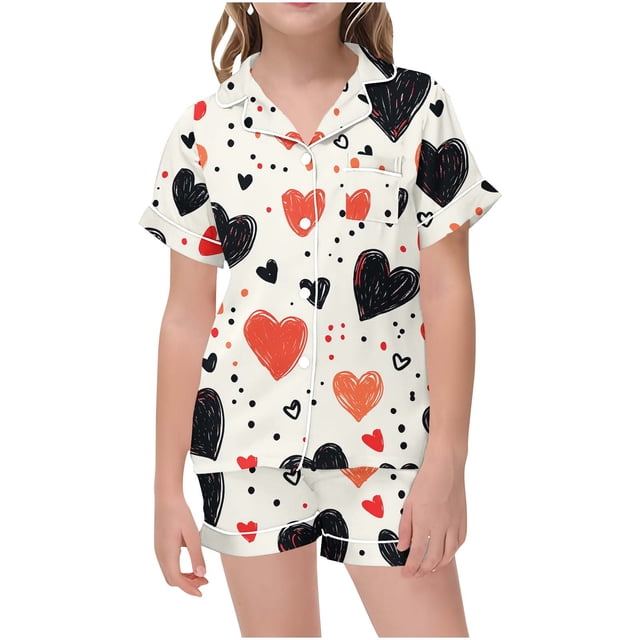 ameIAEA Valentines Day Pajamas Kids Short Sleeve Button Down Sleepwear Print Pjs Loungewear