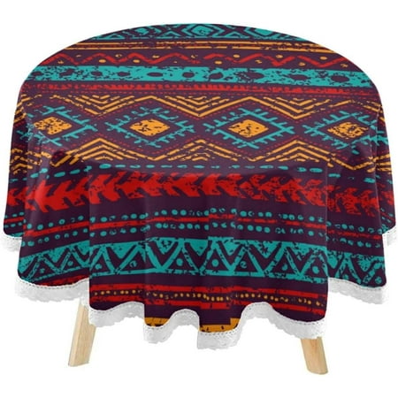 SKYSONIC Mexico Ethnic Art Round Tablecloth 60inch Indoor Wrinkle Free, Vintage Theme Circular Lace Table Cover Washable for Kitchen Party BBQ Dining Decor