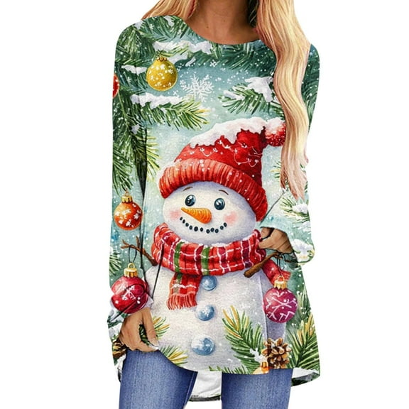 Festival Saving Christmas Shirts for Women Festive Snowman Print Long Sleeve Tunic Shirt Crew Neck Christmas Top for Holiday Gatherings Blouse My Items