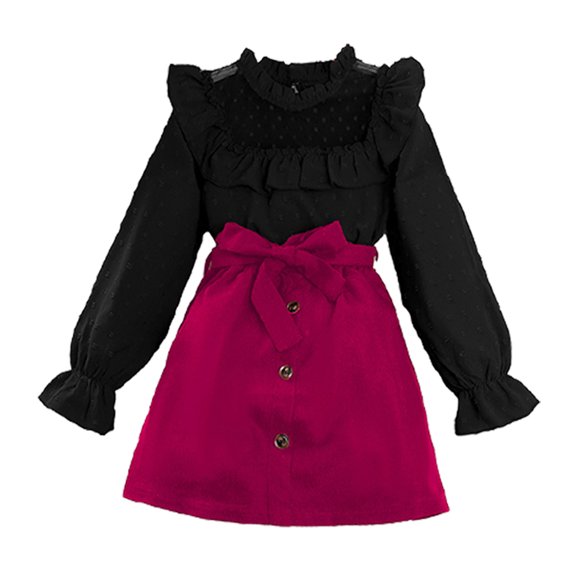 Esaierr Kids Fall Winter Dresses Outfits for Girls Lace Splicing Polka Dot Long-Sleeved Tops Dress Set 8-12 Years Old