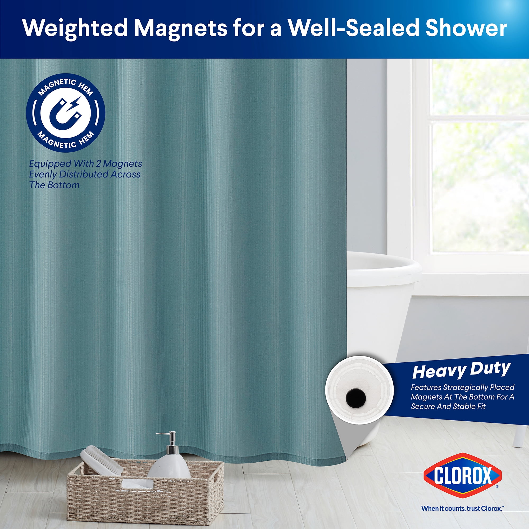 Clorox 100% Polyester Shower Curtain Set with Waterproof PEVA Liner and 12 Metal Hooks (Aqua)