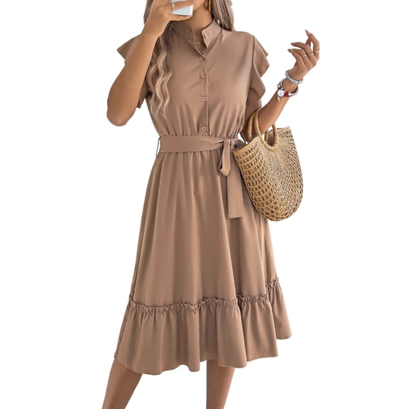Women'S Summer Casual Dresses Cap Ruffle Sleeve Button Belted Midi Dress Khaki S