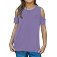 thumbnail image 3 of Girls Short Sleeve Shirts Cute Crew Neck Cold Shoulder Tee Top Summer Solid Color Casual Loose Fit T Shirts for Kids Teens 3-12 Years, 3 of 4