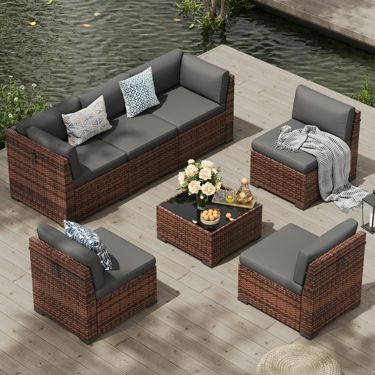 ECOPATIO 7 Pieces Patio Furniture Set Outdoor Furniture Sectional Rattan Sofa with Slanted Back Patio Couch with Glass Coffee Table for Backyard