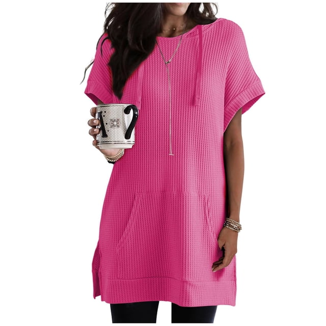 FcBaudy Hauts pour Femmes, Blouse à Manches Courtes avec Capuche Mode Décontractée pour Femmes Couleur Unie Poches Haut à Manches Courtes avec Capuche Fendu Blouses Mi-Longues pour Femmes Blouse