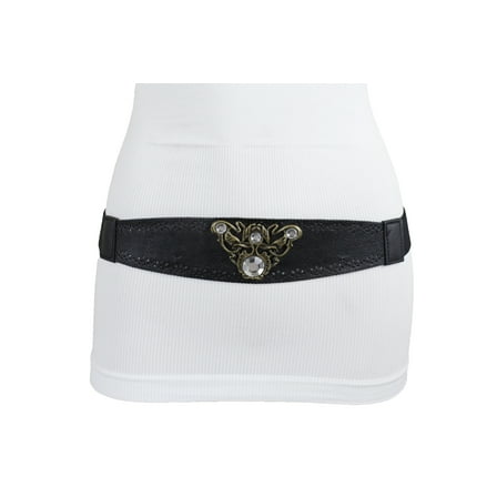 Women Black Elastic Belt Gold Filigree Bling Charm Size M L