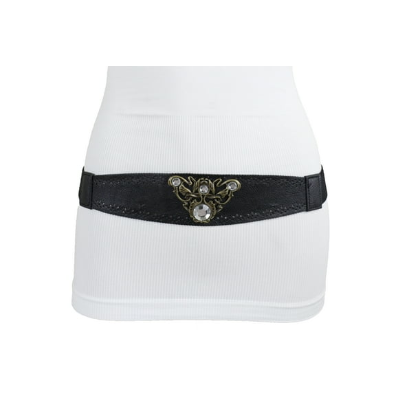 Women Black Elastic Belt Gold Filigree Bling Charm Size M L