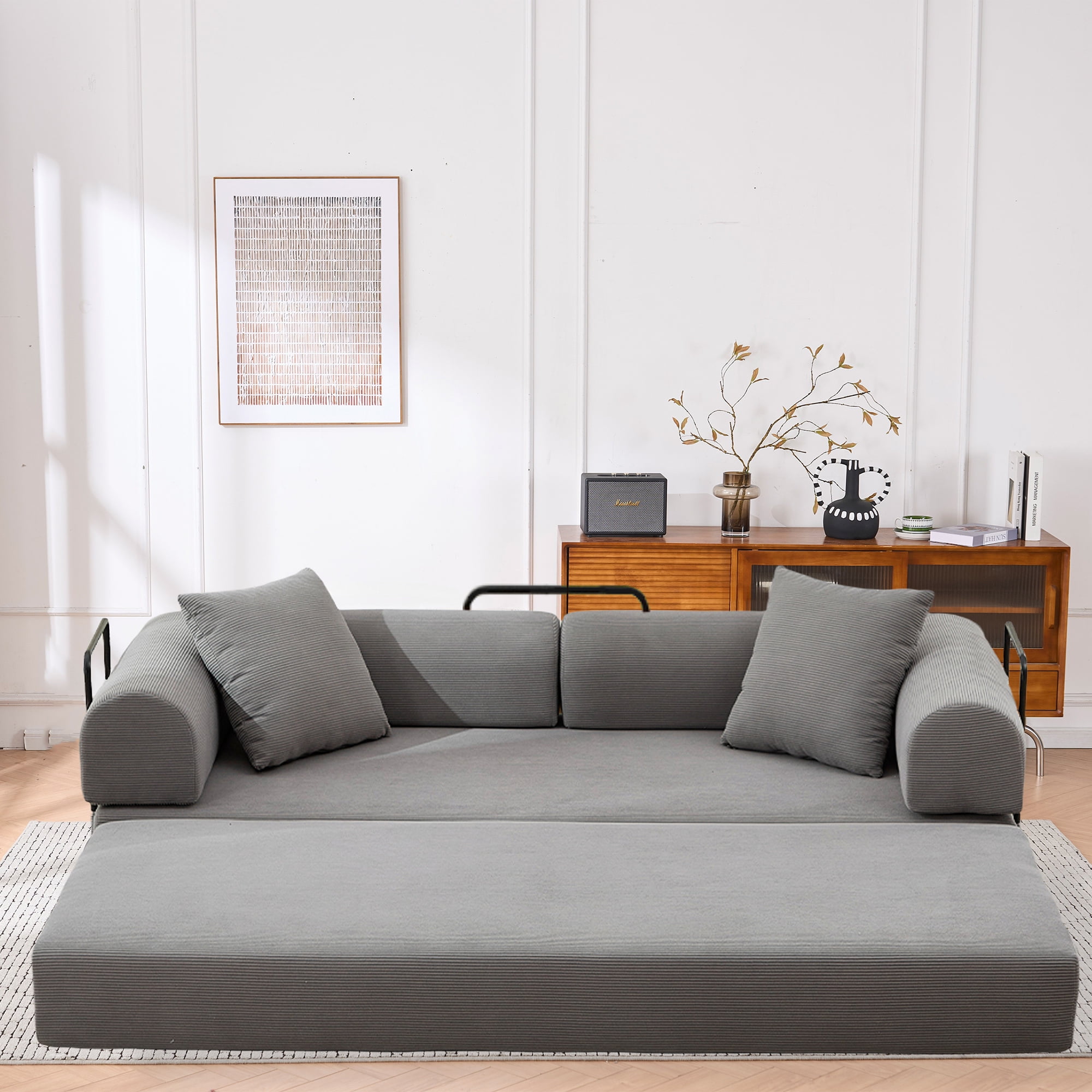 Leumius 4‑in‑1 Futon Sofa Bed,Modular Corduroy Sofa Couch with Fixed-Shape Frame & Removable Armrests,Folding Mattress Couch for Living Room, Office, Apartment,Gray