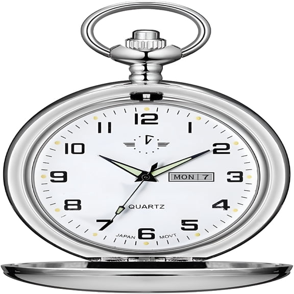 DESIGNICE Classic Smooth Quartz Pocket Watch for Men, Luminous Arabic Dial with Day Date, Silver Case Vintage Timepiece with Chain