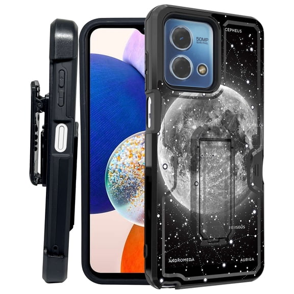 ANJ  Rugged Shockproof Kickstand Hybrid Case with Card Slot and Holster   Tempered Glass Cover for Motorola Moto G Stylus 5G (2023) - Moon Constellation