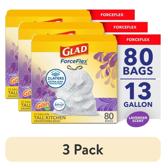 (3 pack) Glad ForceFlex Tall Kitchen Drawstring Trash Bags, 13 Gallon, Gain Lavender with Febreze Freshness, 80 Count