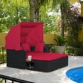 thumbnail image 2 of Topbuy Outdoor Daybed with Retractable Canopy PE Rattan Sunbed with Soft Cushions & Pillows 2 Folding Side Trays Red, 2 of 10