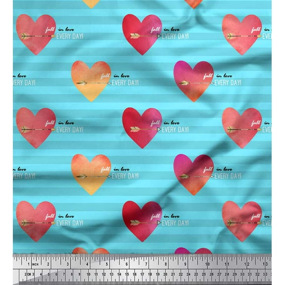 Soimoi Blue Cotton Voile Fabric Stripe,Arrow & Heart Printed Craft Fabric by the Yard 42 Inch Wide