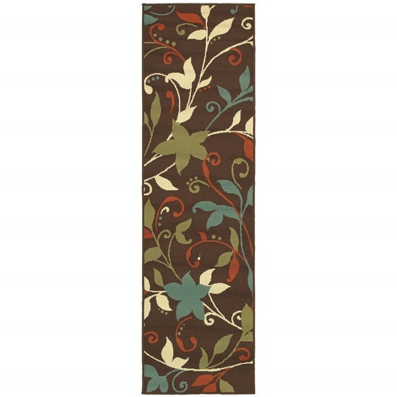 HomeRoots 507270 0.16 x 26.77 x 90.55 in. Brown Floral Stain Resistant Indoor & Outdoor Runner Area Rug