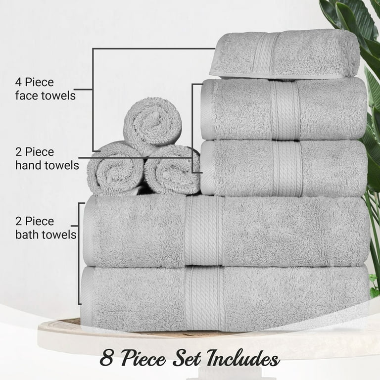 Premium Egyptian Cotton Highly Absorbent Assorted 8-Piece Plush Towel Set -  30 x 55, 20 x 30, 13 x 13 