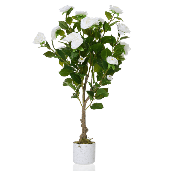 EcoSummer 2.8FT Artificial Camellia Tree with White Flowers, Faux Plant in Pot for Home Office Decor