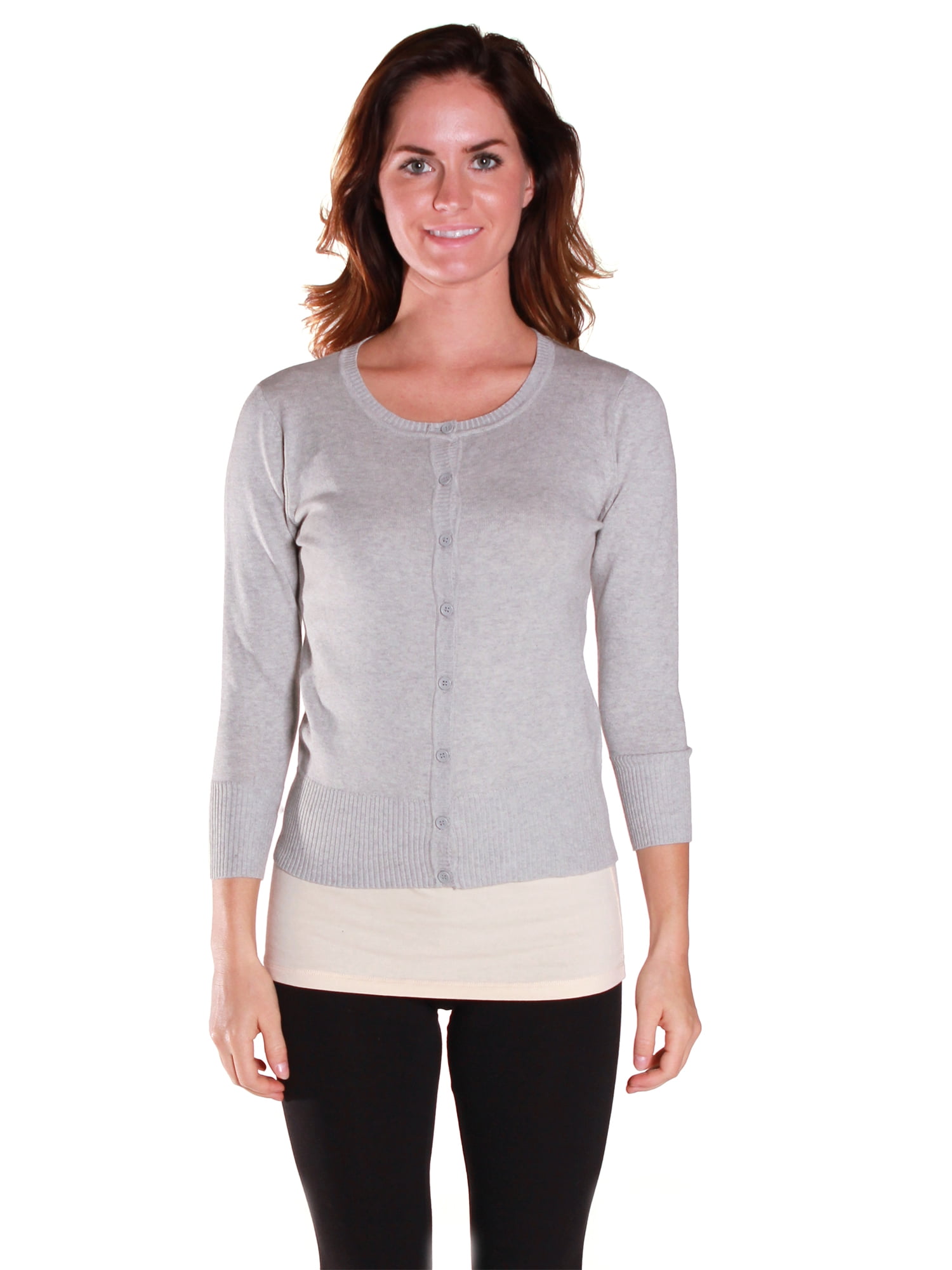 Active USA Junior Women's Knit Basic Round Neck Cardigan Sweater