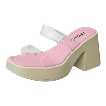 

Ediodpoh Ladies Summer Coloured Transparent Soft Bottom Outside Wear Thick Heel High Heel Big Size Sandals Slippers High Heels Womens Sandals Pink 7(38)